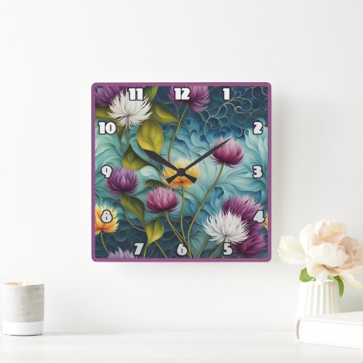 Kleurrijk bloemontwerp met levendige bladeren vierkante klok (Huis)