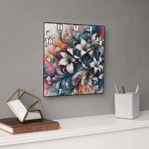 Kleurrijk bloemontwerp met witte lelies vierkante klok