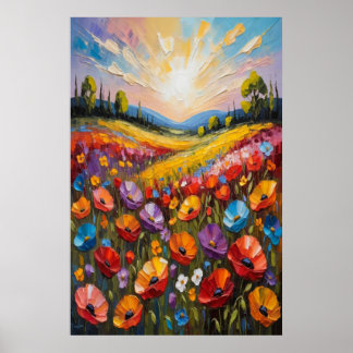 Kleurrijk bloemschilderij op canvas, levendig bloe poster