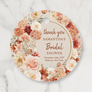Kleurrijk boeket terracotta blush en salie bloemen bedankjes labels