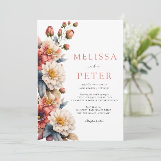 Kleurrijk boeket van bloemen bruiloft uitnodiging (Staand voorkant)