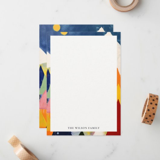 Kleurrijk Bold Retro Abstract Kerstlandschap Notitiekaartje (Voorkant / Achterkant in situ)