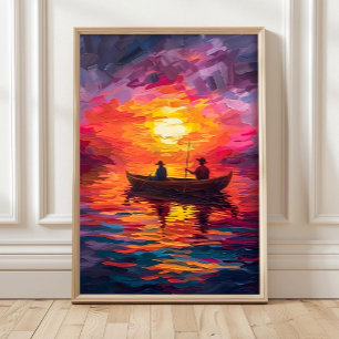 Kleurrijk boot olieverf schilderij impasto vissers poster