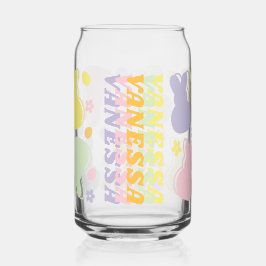 Kleurrijk Bunny Patroon met Retro Naam Accent Blikvorm Glas