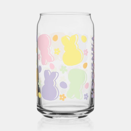 Kleurrijk Bunny Patroon met Retro Naam Accent Blikvorm Glas (Rechts)