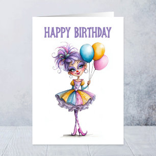 Kleurrijk clown meisje met ballonnen verjaardag kaart