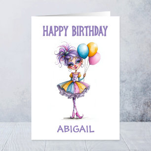 Kleurrijk clown meisje met ballonnen verjaardag kaart