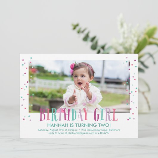 Kleurrijk Confetti Meisje Foto Verjaardagsfeestje Kaart (Staand voorkant)