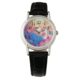 Kleurrijk Cute Meisje Omringd door Bloemen Kunstwe Horloge
