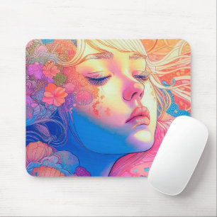 Kleurrijk Cute Meisje Omringd door Bloemen Kunstwe Muismat