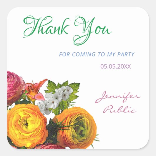 Kleurrijk Dank u Waterverf Bloemen Rozen Script Vierkante Sticker (Voorkant)