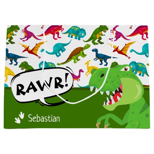 Kleurrijk Dinosaur-patroon met naam T-Rex Green Groot Cadeauzakje (Voorkant)
