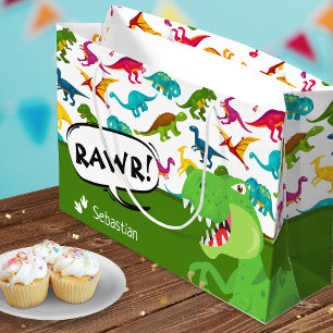 Kleurrijk Dinosaur-patroon met naam T-Rex Green Groot Cadeauzakje