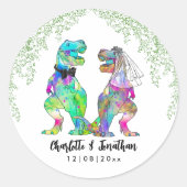 Kleurrijk Dinosaurus Thema Bruiloft Ronde Sticker (Voorkant)