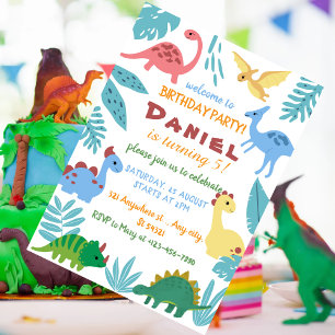 Kleurrijk dinosaurus-thema verjaardagsfeestje kaart