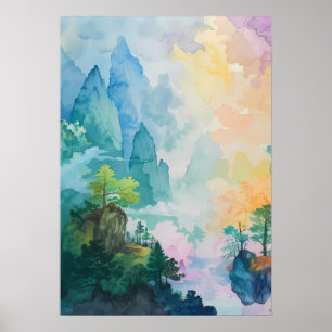 Kleurrijk Dreamscape met bomen en bergen Poster