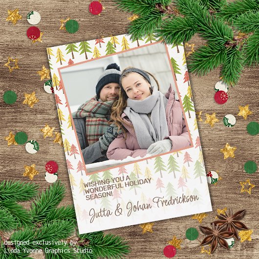 Kleurrijk Eenvoudig Rustiek Bos Pinetree Art Patro Feestdagenkaart