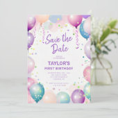 Kleurrijk eerste verjaardagsfeestje save the date (Staand voorkant)