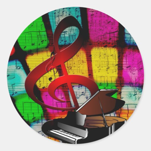 Kleurrijk en Jazzy Treble Clef en Piano Ronde Sticker (Voorkant)