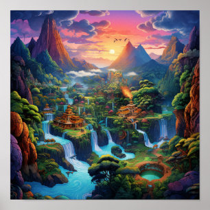 Kleurrijk fantasie natuur land landschap poster