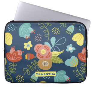 Kleurrijk Floral Pattern Dark Blue, op maat gemaak Laptop Sleeve