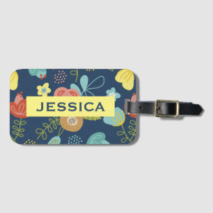 Kleurrijk Floral Pattern Dark Blue Personalized Bagagelabel