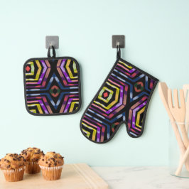 Kleurrijk futuristisch neonprint circuitbord ovenwant & pannenlap set