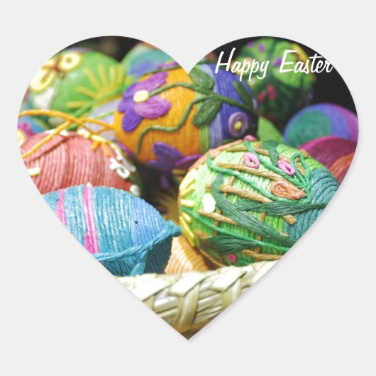 Kleurrijk garen versierde paaseieren hart sticker (Voorkant)