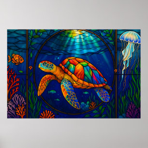 Kleurrijk Gebrandschilderd Glas Zeeschildpad Oceaa Poster