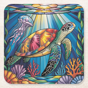 Kleurrijk Gebrandschilderd Glas Zeeschildpad Oceaa Vierkante Kartonnen Onderzetter