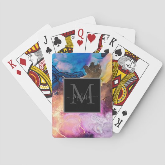 Kleurrijk gemarmerd monogram pokerkaarten (Achterkant)