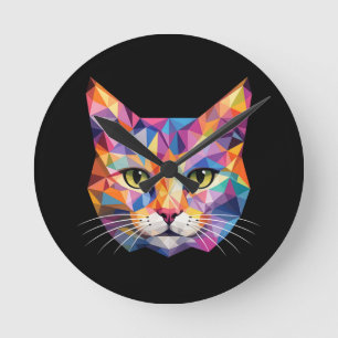 Kleurrijk geometrisch kattengezicht Laag poly drie Ronde Klok