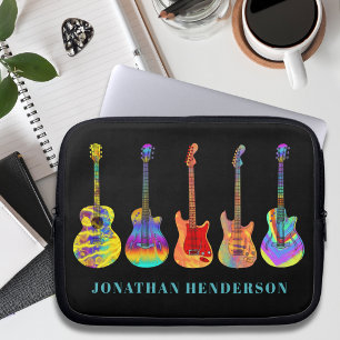 Kleurrijk Gitaarpatroon op Zwart met Naam Laptop Sleeve