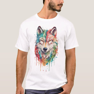 Kleurrijk Graffiti Geschilderd Wolf Portret T-shirt