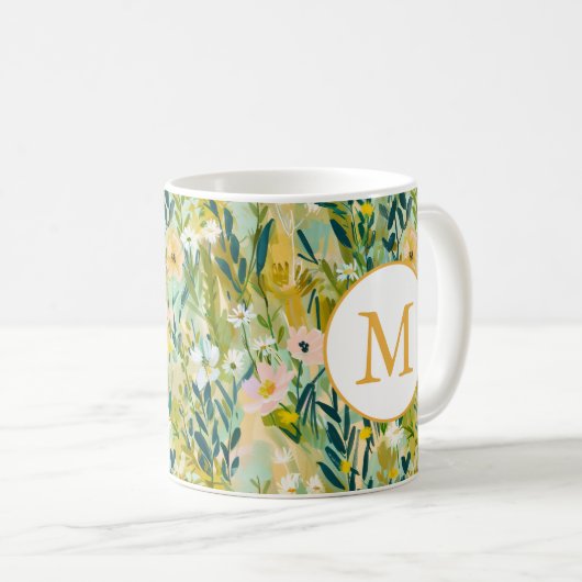 Kleurrijk groen bloem waterverfpatroon monogram koffiemok (Voorkant rechts)