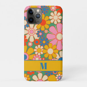 Kleurrijk Groovy Retro Bloempatroon met Initiaal iPhone 11 Pro Hoesje