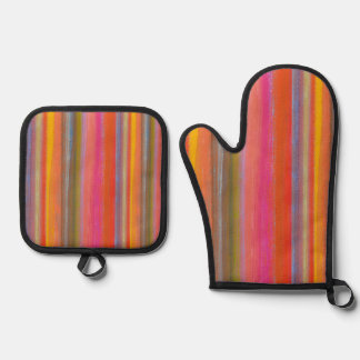 Kleurrijk Houtskool Boho Strepen Ovenwant & Pannenlap Set