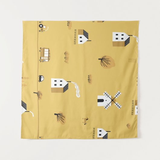 Kleurrijk huis, bomen, paarden landschap wandkleed (Voorkant (horizontaal))