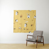 Kleurrijk huis, bomen, paarden landschap wandkleed (In situ)