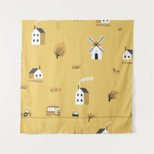 Kleurrijk huis, bomen, paarden landschap wandkleed