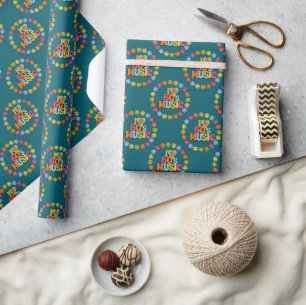 Kleurrijk I Love 60s Muziek op Donker Teal Inpakpa Cadeaupapier