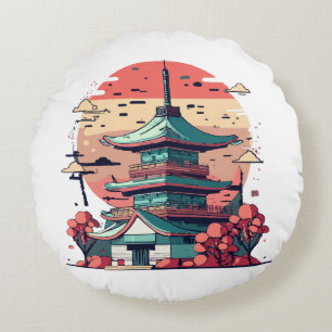 Kleurrijk Japan Gebouw Kunst Rond Kussen
