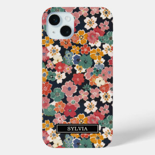 Kleurrijk Japans bloemenprint met monogram iPhone 15 Mini Hoesje