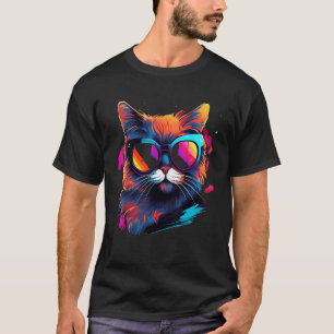 Kleurrijk kat ontwerp, zwart, geel, wit, blauw, t-shirt