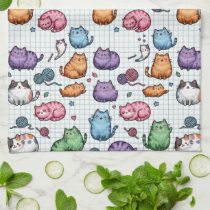 Kleurrijk Kawaii Dikke Katten Patroon op Grafiekpa Theedoek