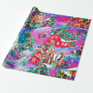 Kleurrijk kerstdorp met bomen en huizen cadeaupapier