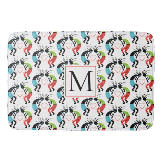 Kleurrijk Kokopelli hartpatroon en monogram Badmat (Voorkant)