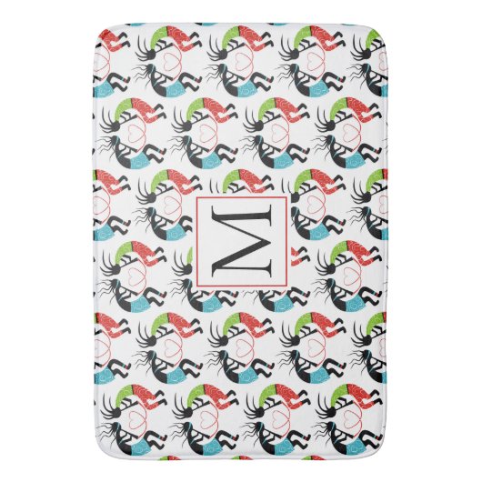 Kleurrijk Kokopelli hartpatroon en monogram Badmat (Voorkant Verticaal)
