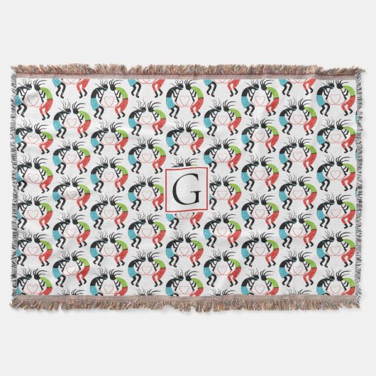 Kleurrijk Kokopelli hartpatroon en monogram Deken (Voorkant)