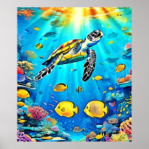 Kleurrijk Koraalrif Kunst met Zeeschildpad Poster